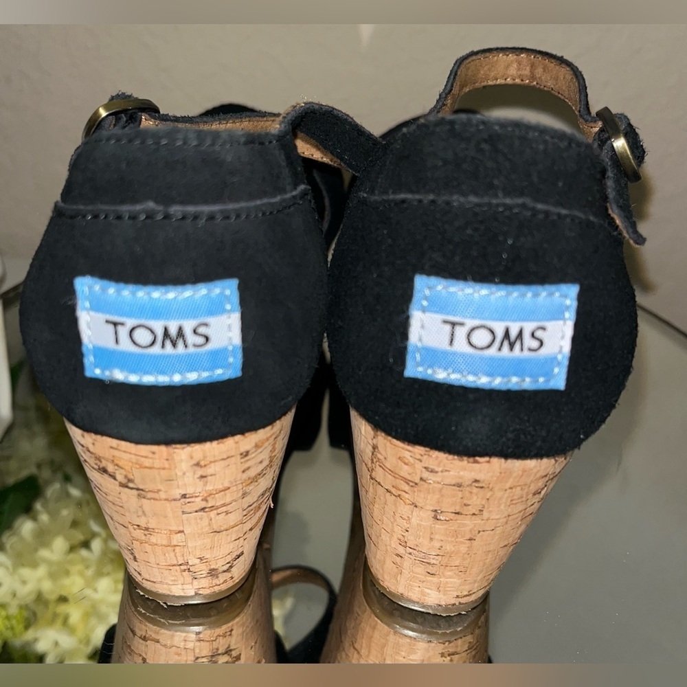 TOMS Black Suede and Cork Wedge Sandals